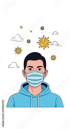 Protecting yourself from airborne viruses with a face mask and social distancing measures for public health and safety