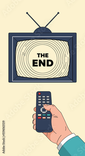 Old television displaying the end signal with hand holding remote control ready to turn it off