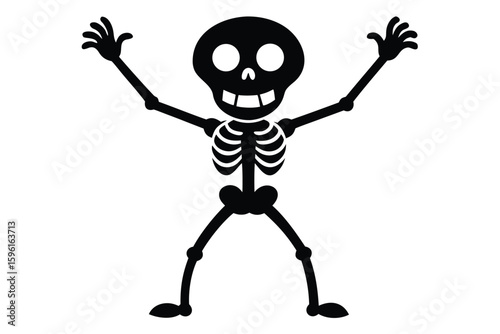 Black Cartoon Skeleton with Arms Raised, Smiling Halloween Silhouette on White Background