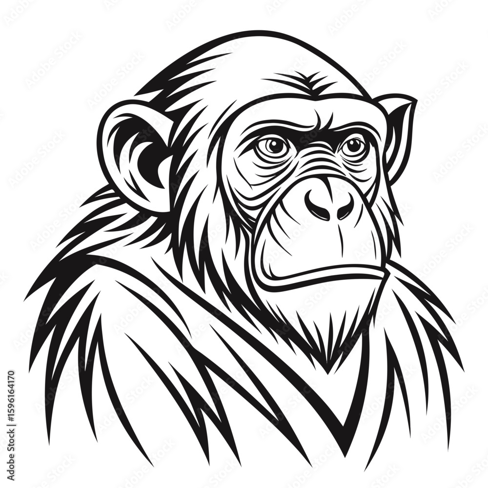 Fototapeta premium Black and white line art drawing of a chimpanzee head with textured fur primate animal