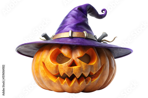 A menacing jackolantern wearing a witchs hat stands isolated on transparent background, embodying the spooky spirit of halloween