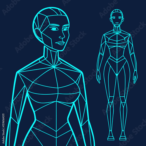 Cyan geometric outline of a female android body on dark blue background woman human