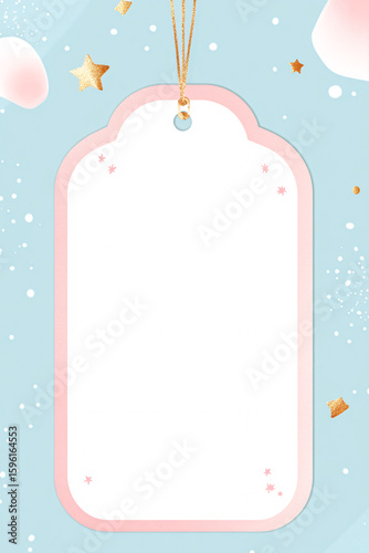 A white rectangular tag with rounded corners and a pink decorative frame on a pastel blue background, perfect for greeting cards, invitations, or banner displays for festive events.

