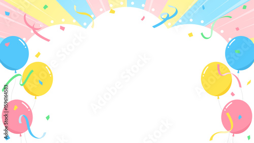 雲型の背景フレーム、風船、紙吹雪のデコレーション