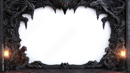 A 3D medieval stone border frame design on a white background, ideal for banners, display cards, or invitations with vintage or gothic themes.

