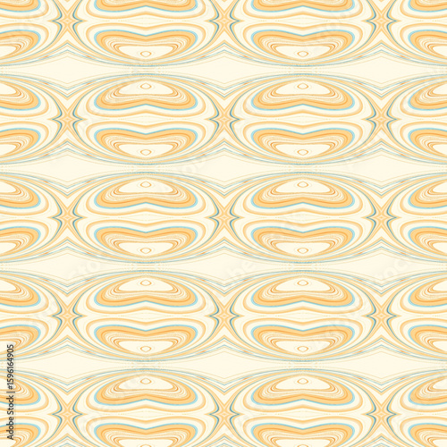 Retro-style oval pattern with soft orange and aqua tones. Hypnotic loops and lines ideal for wallpapers, fabrics, or retro-inspired graphic projects.