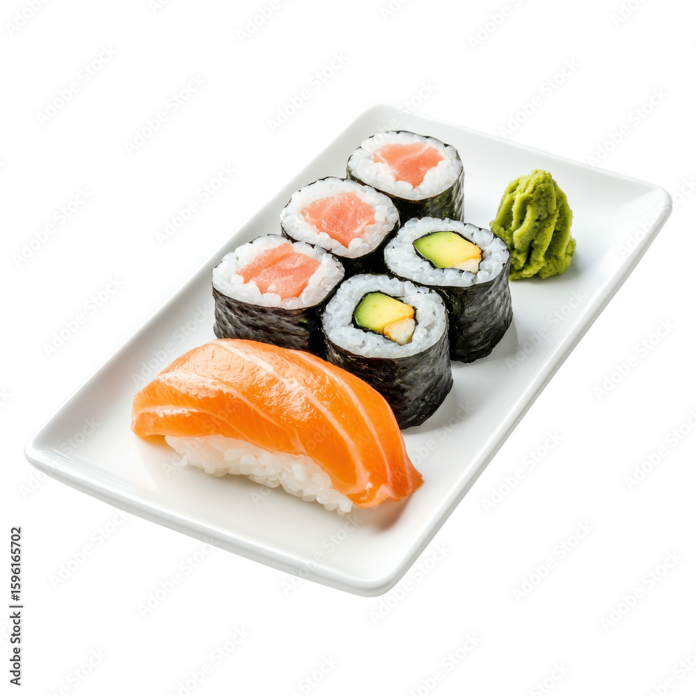 Fresh sushi on a ceramic plate with a variety of delicious options, artistically arranged on a square plate, accompanied by colorful wasabi. Fresh sushi on a ceramic plate with a variety of delicious options, artistically arranged on a square plate, accompanied by colorful wasabi.