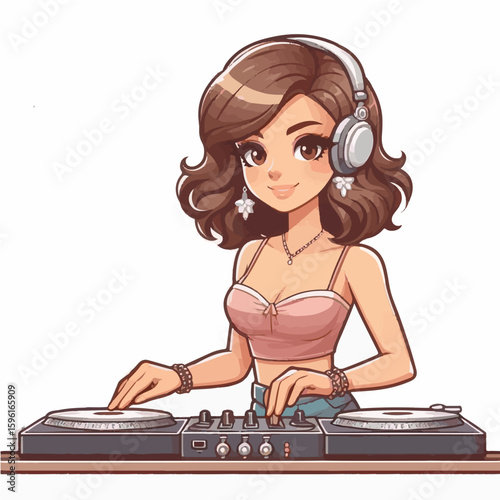 Young woman mixing records at the party, vector cartoon