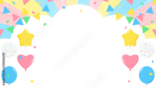 雲型の背景フレーム、ガーランド、風船、紙吹雪のデコレーション、星とハートの風船