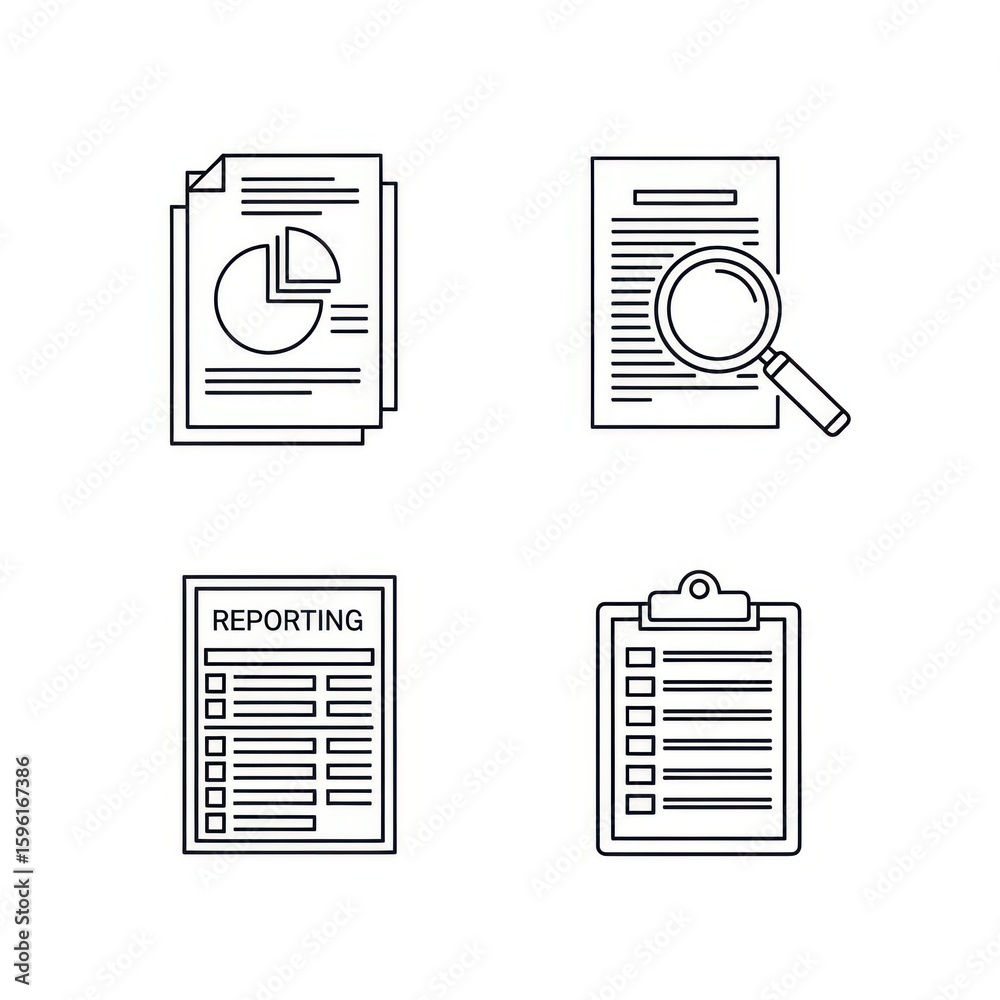 Four business document icons including charts magnifying glass reporting and checklist isolated on white background Four business document icons including charts magnifying glass reporting and checklist isolated on white background