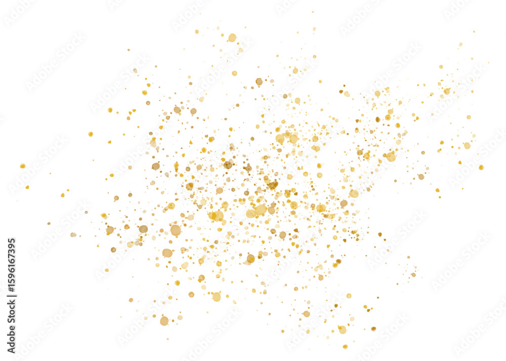 Gold glitter particles, scatter of sparkling confetti. Festive golden shimmering splatter decor isolated on transparent background	