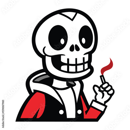 Cartoon Skeleton Character in a Red and Black Outfit Holding a Lit Matchstick