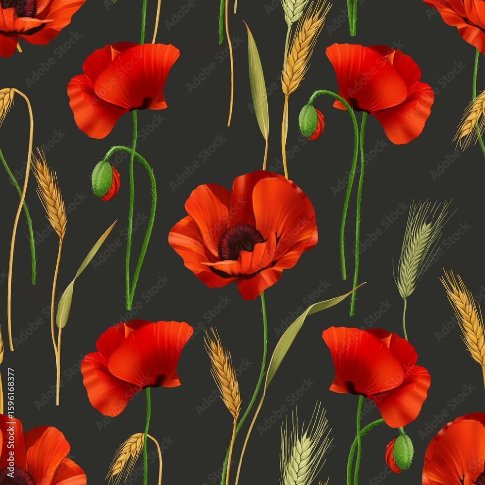 Obraz premium Wildflowers Seamless Pattern with Poppies and Wheat. Summer Meadow Flowers Seamless Texture. Perfect for prints textiles and wrapping. Ready to print grey background