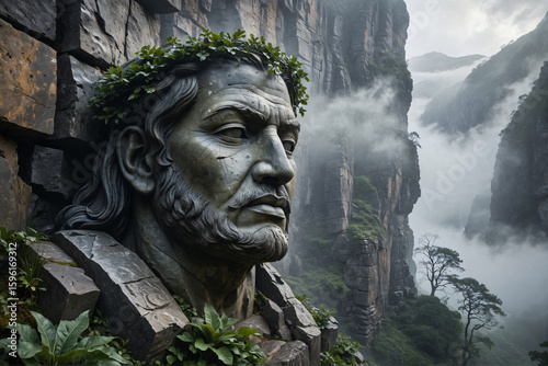 Gigantic Stone Head Sculpture in Misty Mountain Landscape