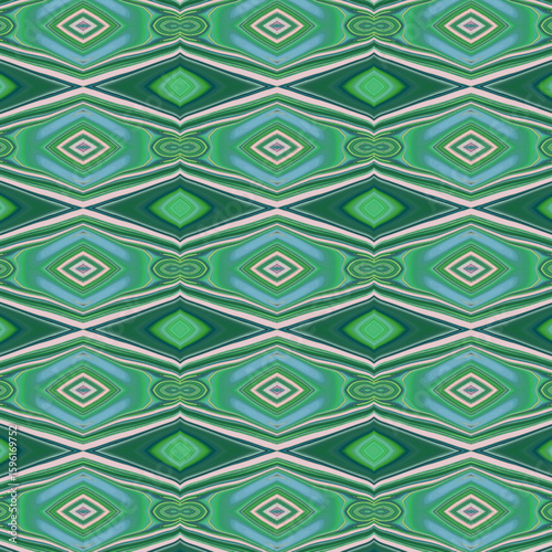 Abstract seamless pattern in green tones with diamond shapes and intricate symmetry, great for backgrounds and textile use in interior or digital designs.
