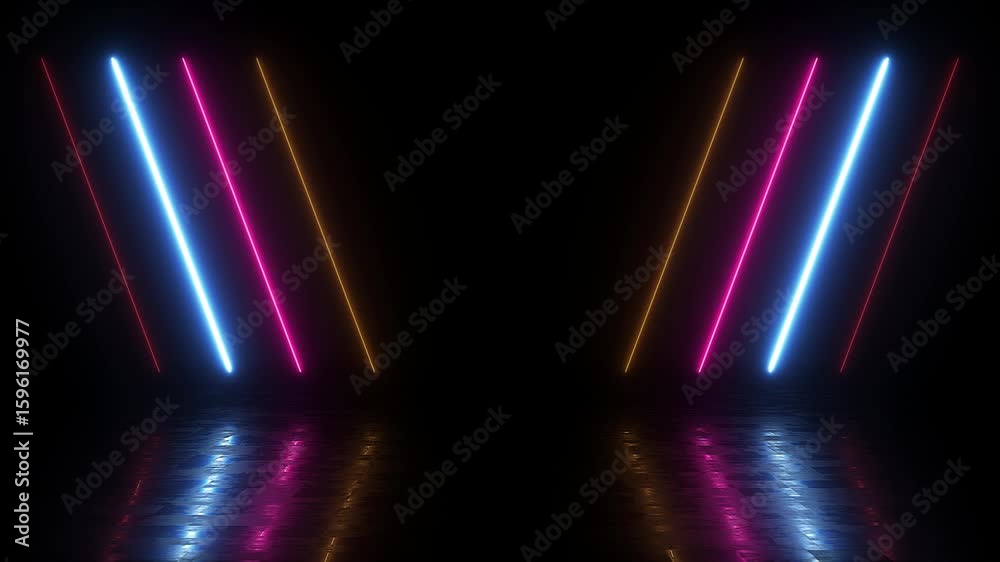 Abstract neon background with colorful beams of light with reflection on dark background. Futuristic studio concept with bright laser animation and reflective floor.