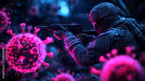 Soldier aiming rifle amidst floating coronavirus, symbolizing fight against pandemic