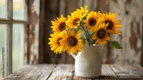 Vibrant Sunflowers in Rustic Vase on Distressed Wooden Table, Warm Golden Hour Lighting – Summer Farmhouse Decor, Floral Still Life, Wall Art & Home Staging