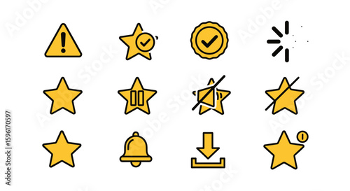 Starshaped yellow UI icons brighten digital designs, suitable for web development, app design, tech articles, presentations, and educational materials.