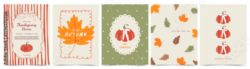 Set of Vintage autumn card, banner, poster, with leaves, pumpkins, whimsical hand drawn frames and bows. Vector for print, season decor, invitation, ads, flyer, menu