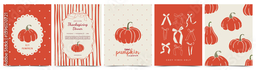 Set of Vintage autumn card, banner, poster, with pumpkins, whimsical hand drawn frames and bows. Vector for print, season decor, invitation, ads, flyer, menu