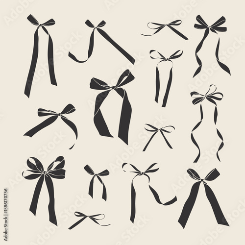 Set of hand drawn bows and ribbons. Minimalist vintage vector illustration for holiday poster, greeting cards, wedding invitations, branding