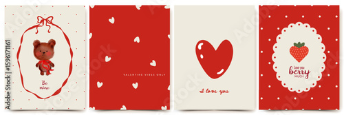 Valentine’s Day card set in vintage style. Concept with hearts, strawberry, bow, coquette frame, teddy bear. For poster, banner, branding, sale, label, cover, celebration.