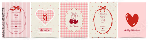 Valentine's Day card set in vintage style. Template with heart, cherry, bows, coquette frames. For celebration, poster, banner, ads, branding, cover, label, sale