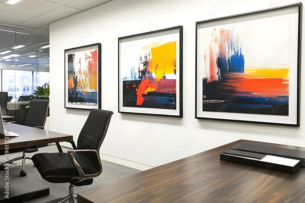 Naklejka premium Executive office features modern art, wood desk, and rolling chair for a sophisticated workspace design in a corporate setting