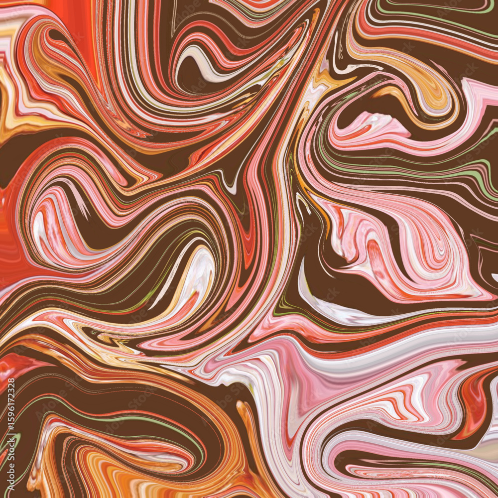 Obraz premium Abstract fluid swirl artwork with chocolate tones and vibrant red-pink highlights. A dynamic, modern marbled design.