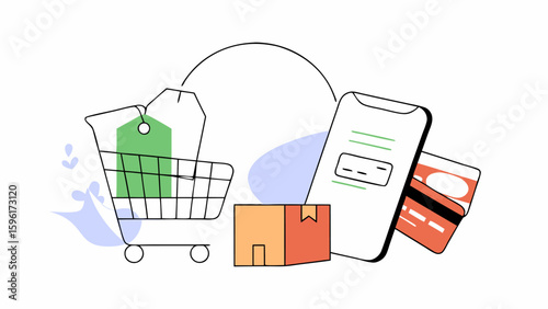 Online Shopping Concept Vector with Mobile and Cart Icons
E-Commerce and Digital Purchase Illustration in Flat Vector Style