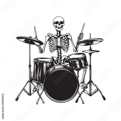Vector illustration of a skull playing drums silhouette. Perfect for music themes, rock band designs, gothic art, tattoo graphics, and edgy artwork