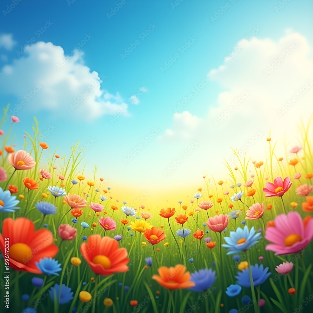 Obraz premium Colorful Summer Flower Meadow with Sunbeams, Blue Sky, and Bokeh Lights — Nature Background Banner