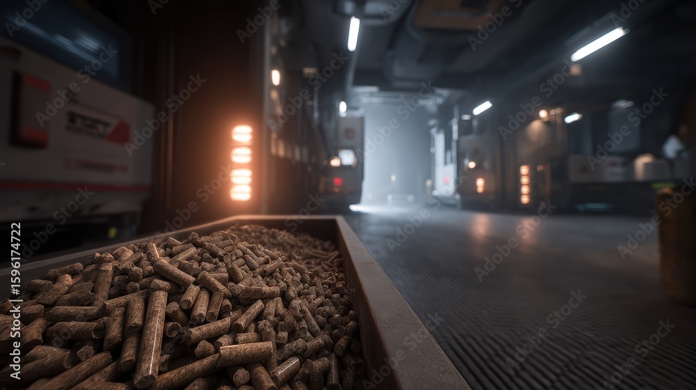 Fototapeta premium A container of wood pellets sits in a modern industrial facility with bright lights and metallic surfaces