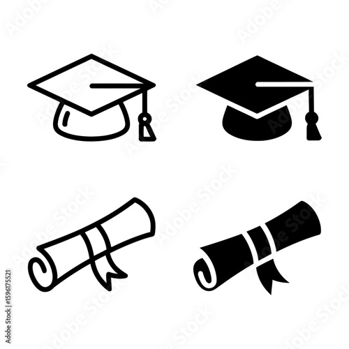 Graduation cap icon set. Diploma, bachelor or master achievement symbol. Mortarboard hat and scroll sign. Vector stock illustration 