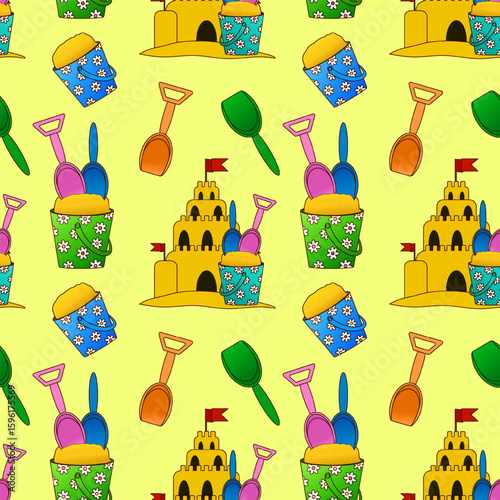 Summer seamless pattern of sand castle, beach bucket, shovel, and playful beach toys on yellow background. For summertime theme, clothing design, bedding, wrapping paper, and nursery wallpaper.