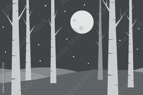 cold moon rising sparse birch trees snowy