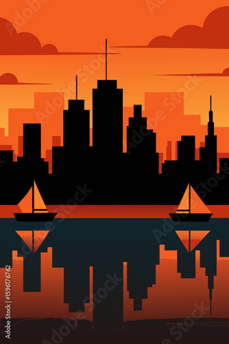 distant harbor city dusk orange sky
