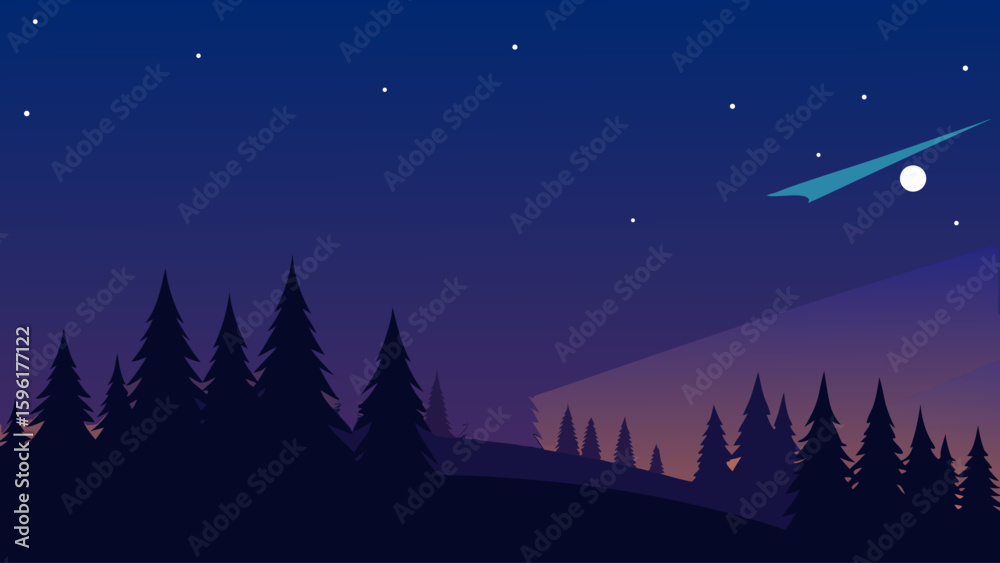 Naklejka premium silhouetted pine forest meteor streaking