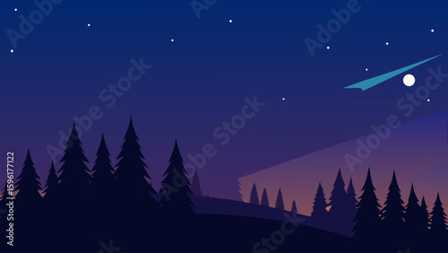 silhouetted pine forest meteor streaking