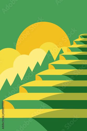 stylized rice terraces golden hour sun