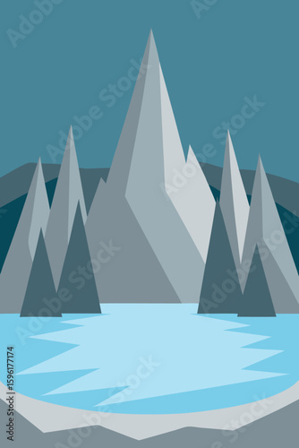 stylized icy lake sharp peaks limited palette