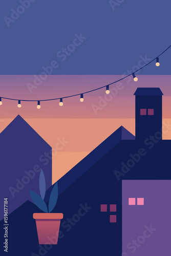 stylized rooftops string lights potted plants