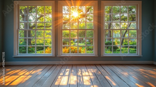 Sunlight streaming through the windows illuminating a room with wood floors