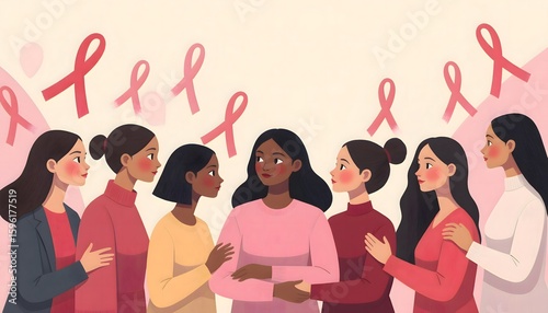 Women Supporting Each Other in Fight Against Breast Cancer with Pink Ribbons and Warm Emotions