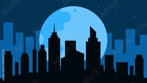 night skyline glowing moon sharp buildings