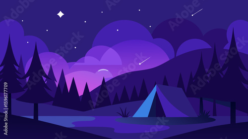 night forest glowing tent distant stars