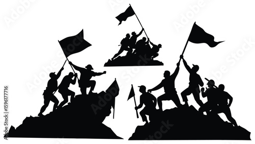 Soldiers Raising Flag Silhouette Set – Military Victory and Patriotism Vector Icons
