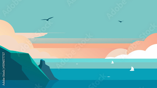 ocean distant cliffs minimalist seascape
