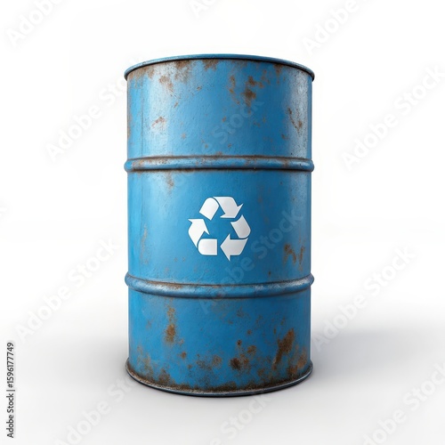 Old blue metal barrel with recycling symbol isolated on white background